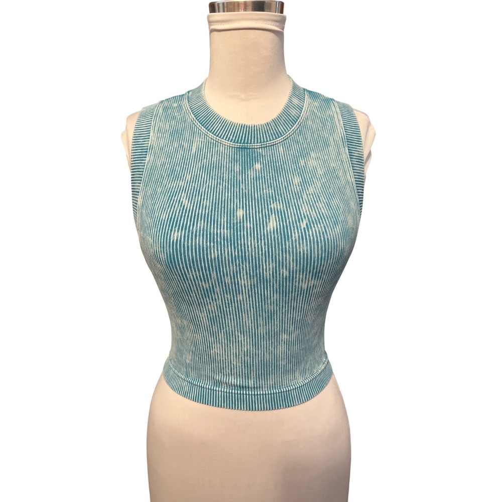 Zenana Ribbed Mineral Wash Seamless Crop Tank Top Ice‎ Blue NTW-6164A L/XL